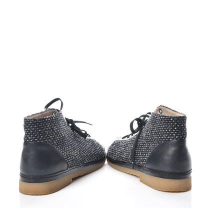 Chanel Tweed Calfskin Patent CC Lace Up Short Boots 41 Black Grey Dark Navy 6 of 17