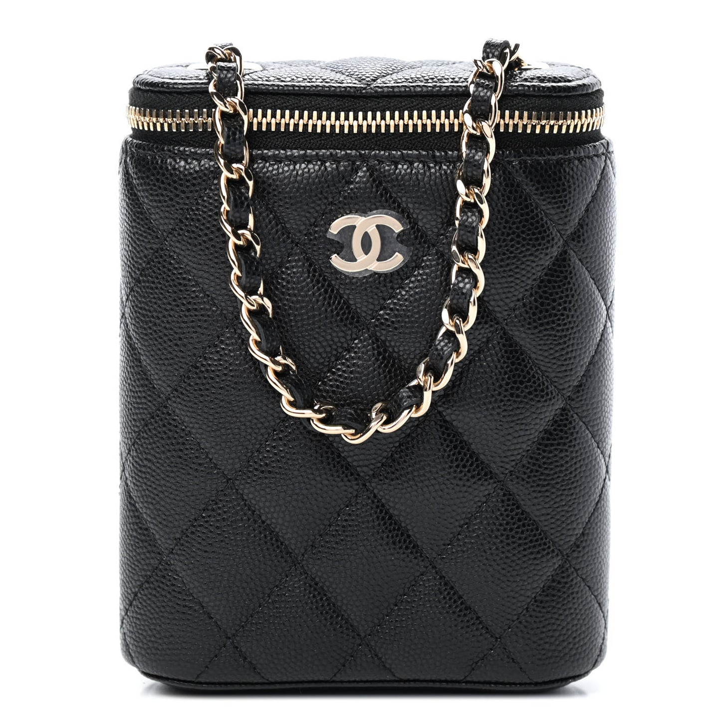 Caviar Quilted Small Vertical Coco Beauty Vanity Case With Chain Black