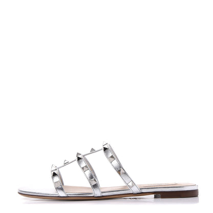 Valentino Garavani Metallic Nappa Rockstud Caged Flat Slide Sandals 38 Silver 1 of 9