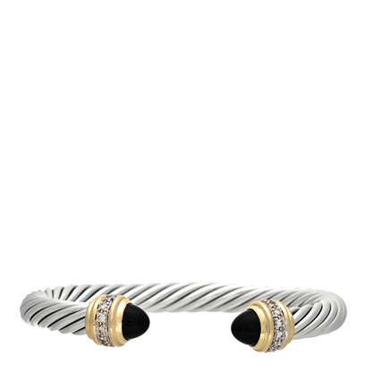 David Yurman Sterling Silver 18K Yellow Gold Diamond Black Onyx 7mm Cabochon Cable Classics Bracelet 1 of 3