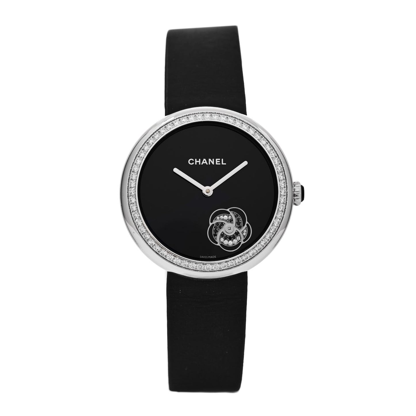 18K White Gold Satin Diamond Bezel 37.5mm Mademoiselle Prive Quartz Watch Black