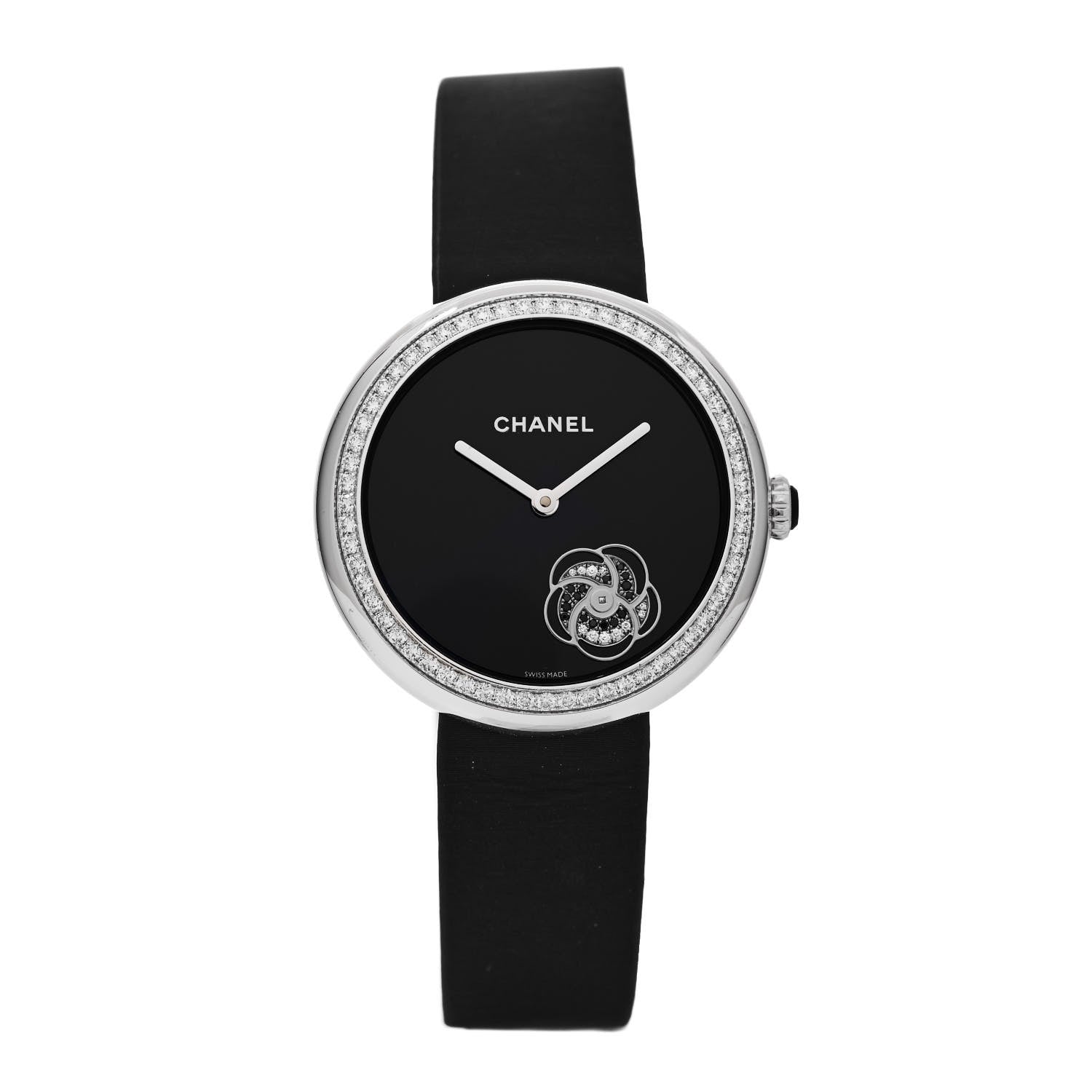 Chanel 18K White Gold Satin Diamond Bezel 37.5mm Mademoiselle Prive Quartz Watch Black 1 of 4