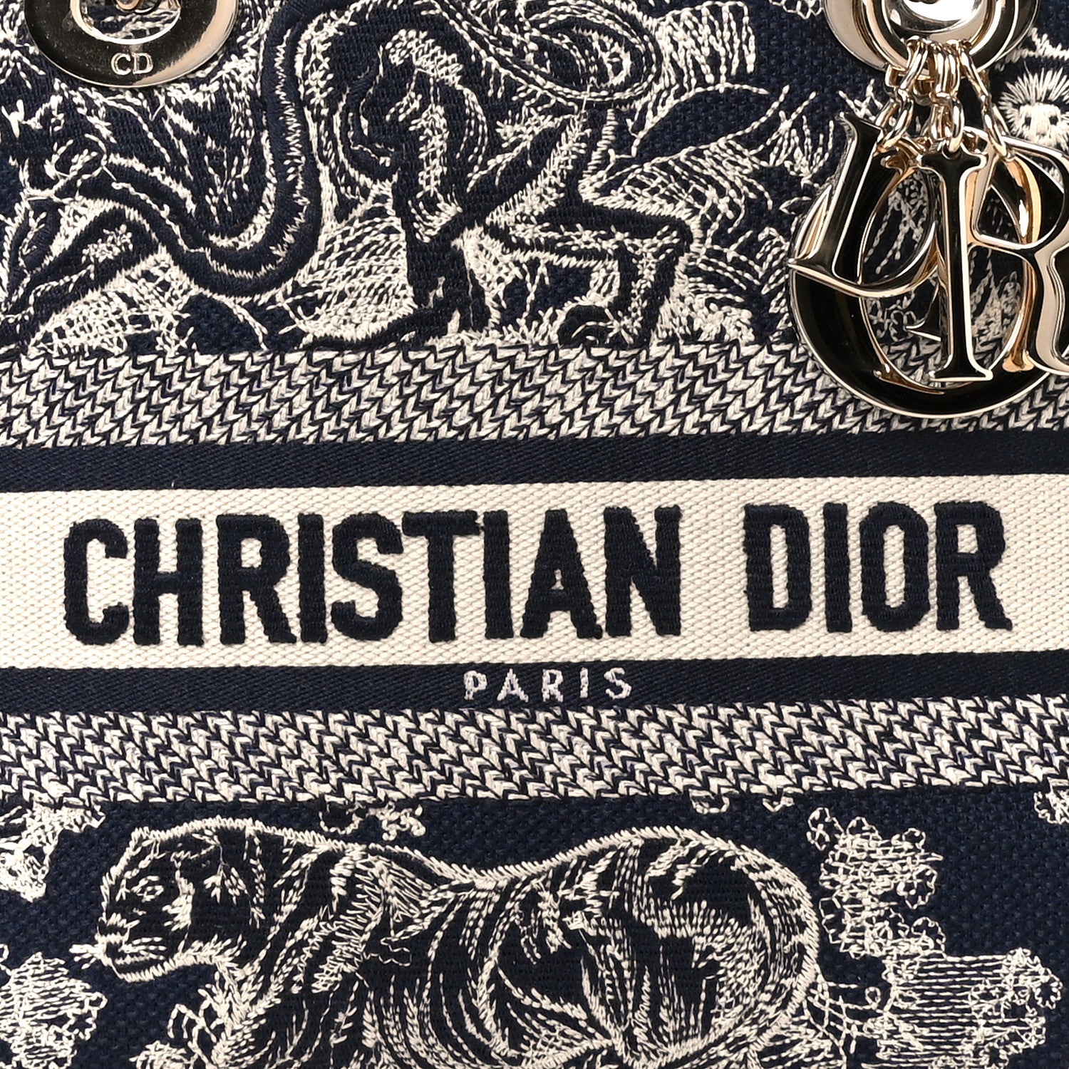 Christian Dior Canvas Toile De Jouy Reverse Embroidered Medium Lady D-Lite Navy 7 of 9