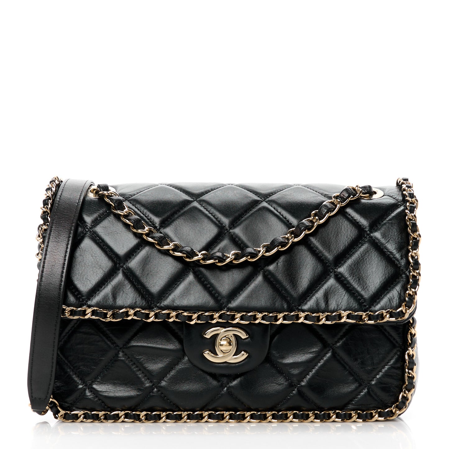 Crumpled Calfskin Medium Chain All Over Flap Black