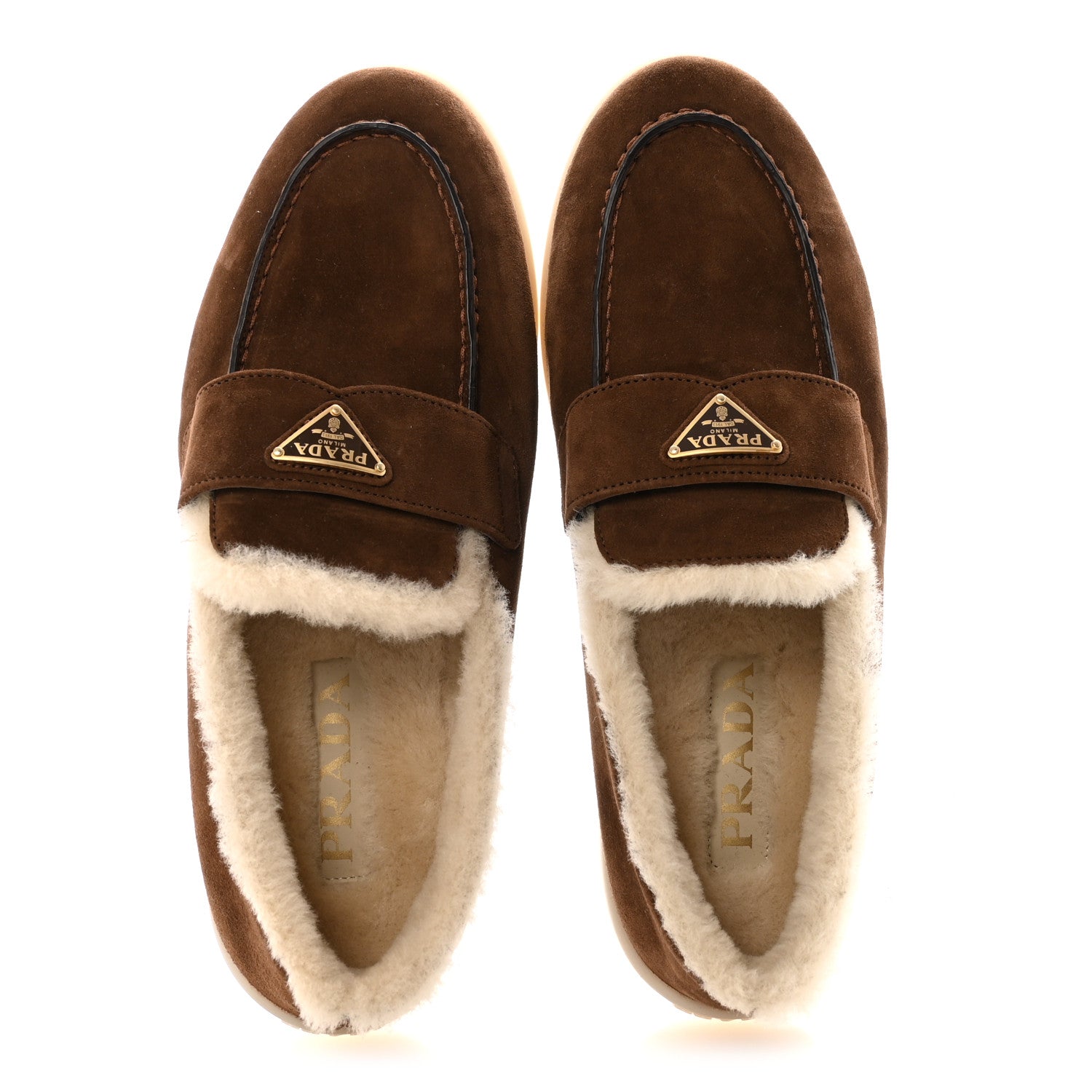 Prada Suede Shearling Triangle Logo Loafer 38.5 Cocoa Brown 2 of 9