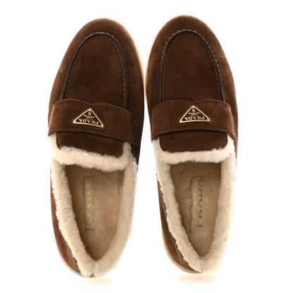 Prada Suede Shearling Triangle Logo Loafer 38.5 Cocoa Brown 2 of 9