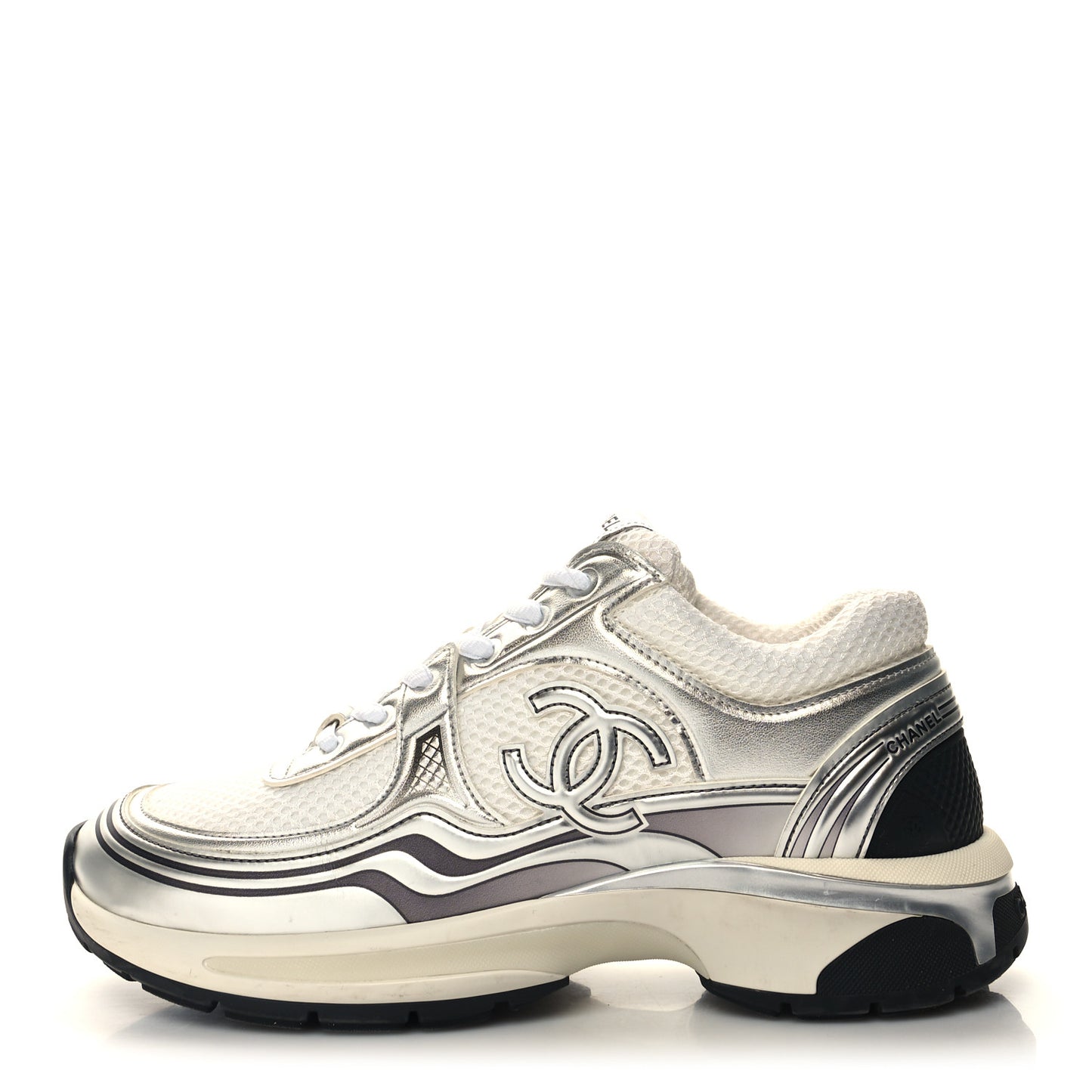 Fabric Laminated Calfskin Stretch CC Sneakers 38.5 White Silver