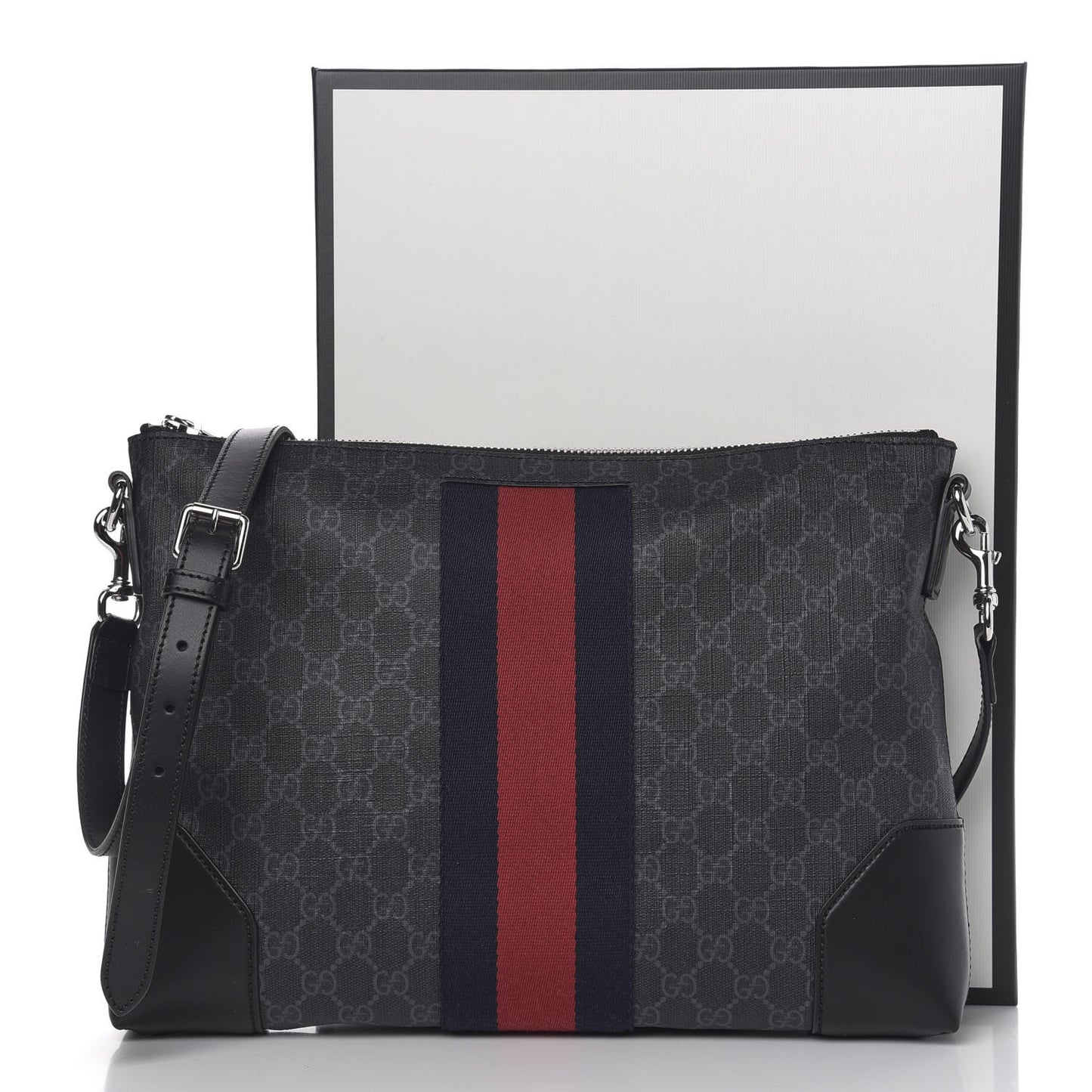 Soft GG Supreme Monogram Appia Calfskin Web East West Messenger Bag Black Grey