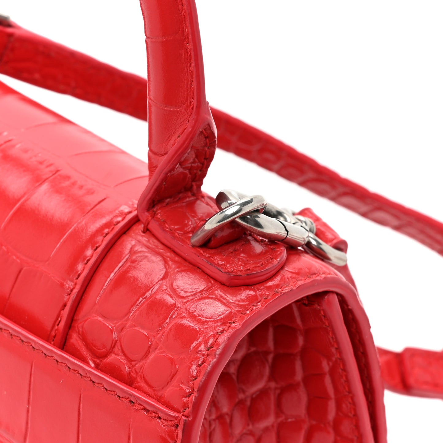 Shiny Calfskin Tonal B Crocodile Embossed Hourglass Top Handle Bag XS Bright Red