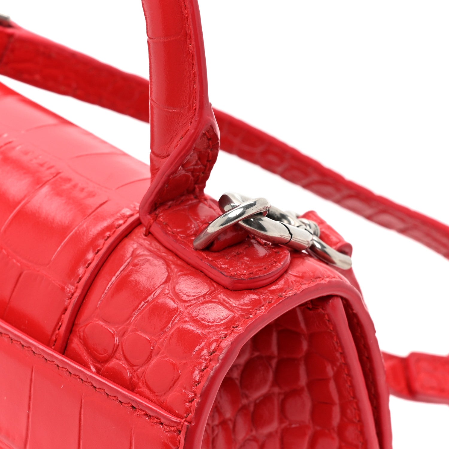 Balenciaga Shiny Calfskin Tonal B Crocodile Embossed Hourglass Top Handle Bag XS Bright Red 15 of 18