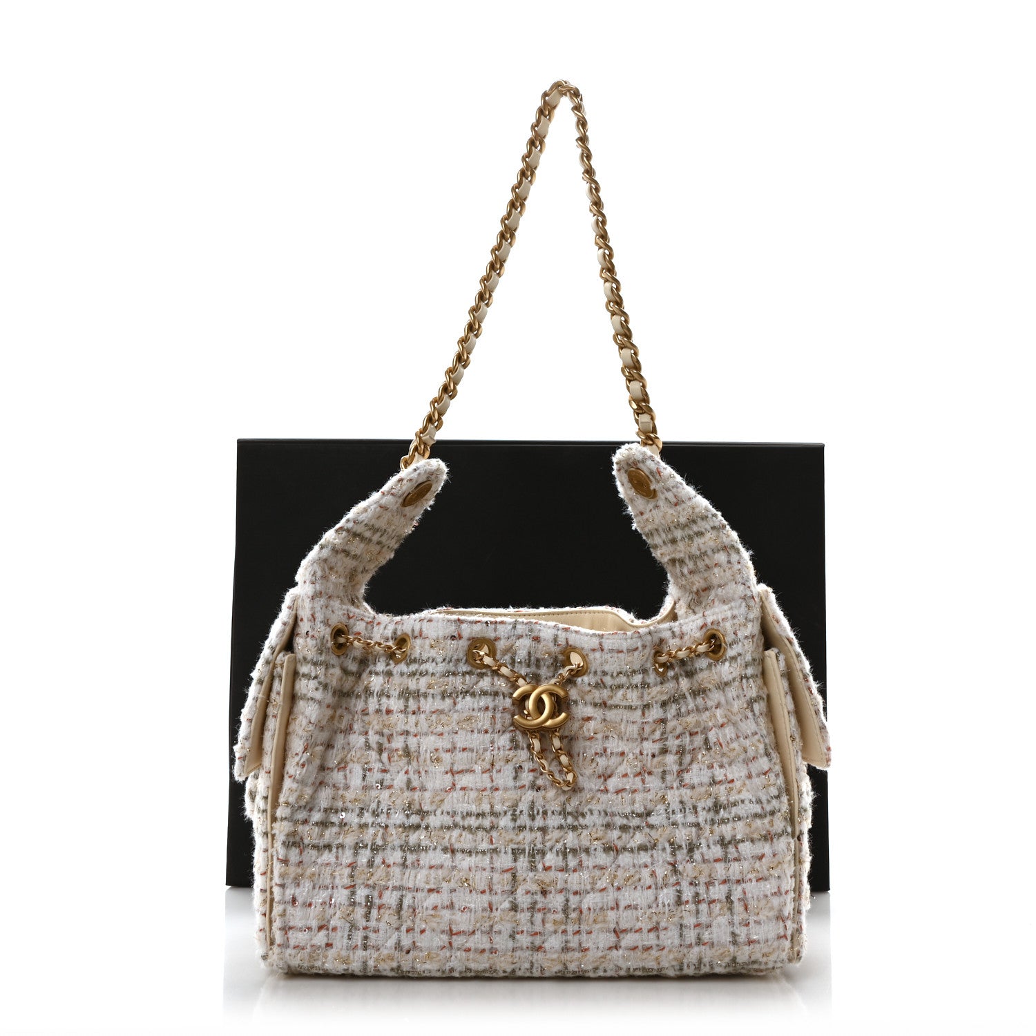 Chanel Tweed Quilted Small Chanel 25 Handbag Ecru Khaki Gold Red