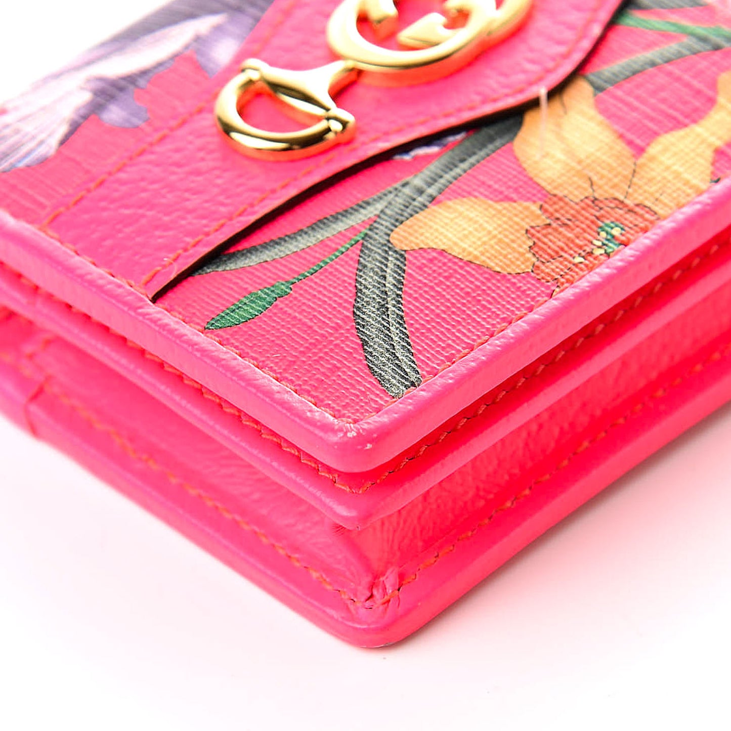 Calfskin Flora Print Zumi Card Case Fuxia Fluo