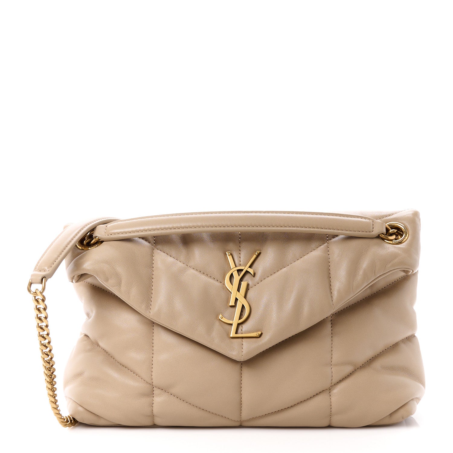 Saint Laurent Lambskin Quilted Small Loulou Puffer Monogram Chain Satchel Dark Beige 1 of 11