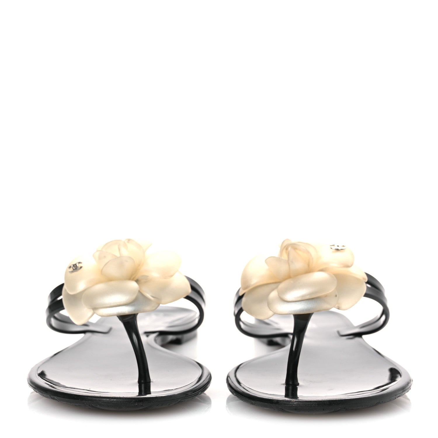 Chanel Jelly Camellia Thong Sandals 38 Black Ivory 3 of 12