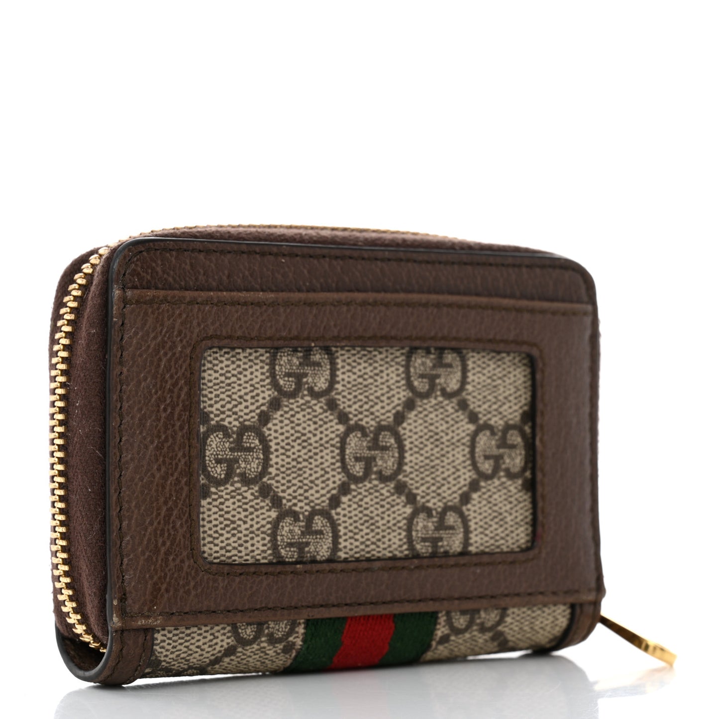 GG Supreme Monogram Textured Dollar Calfskin Web Ophidia Zip Around Card Case Wallet Beige Ebony New Acero