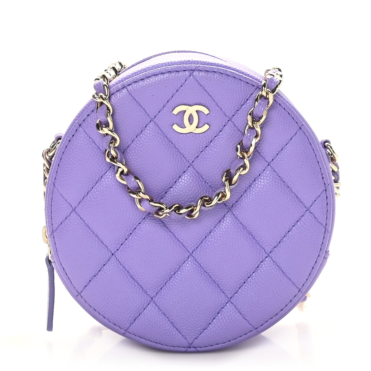 Caviar Quilted Round Clutch With Chain Purple