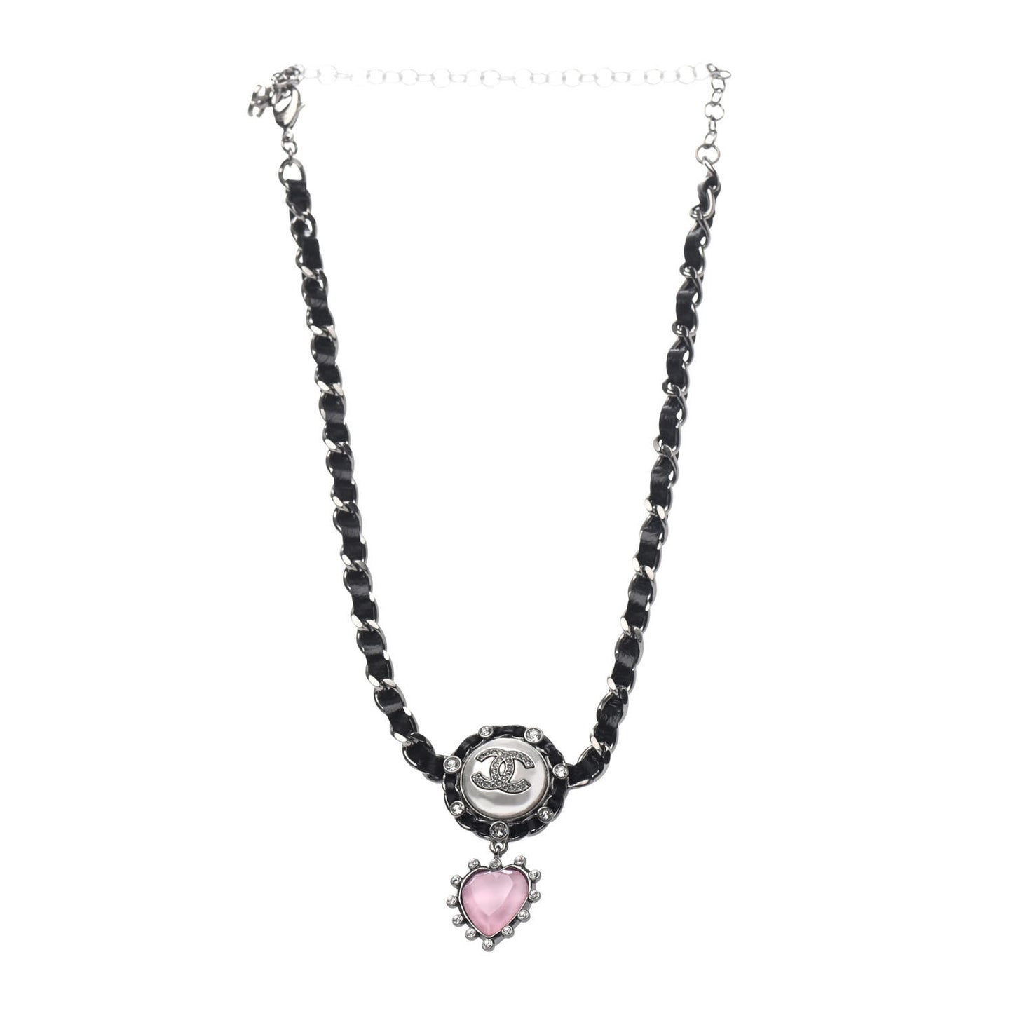 Lambskin Crystal Heart Choker Necklace Black Silver Pink