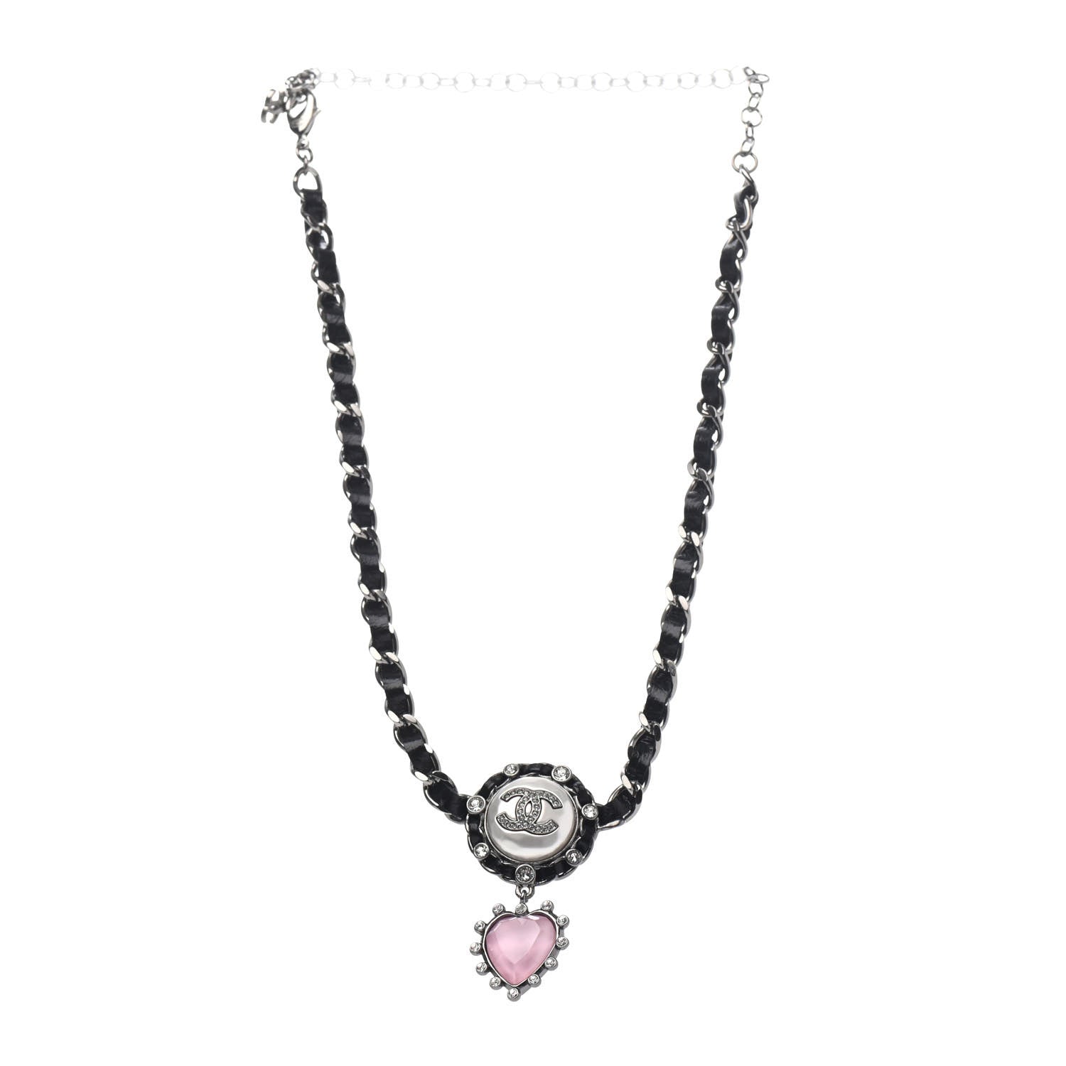 Chanel Lambskin Crystal Heart Choker Necklace Black Silver Pink 2 of 4