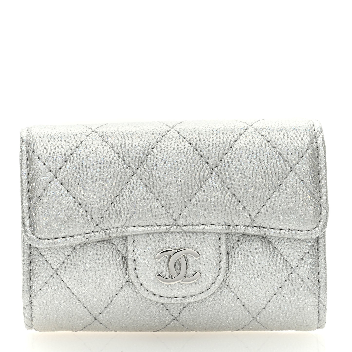 Metallic Caviar Quilted Classic 4 Key Holder Wallet Silver