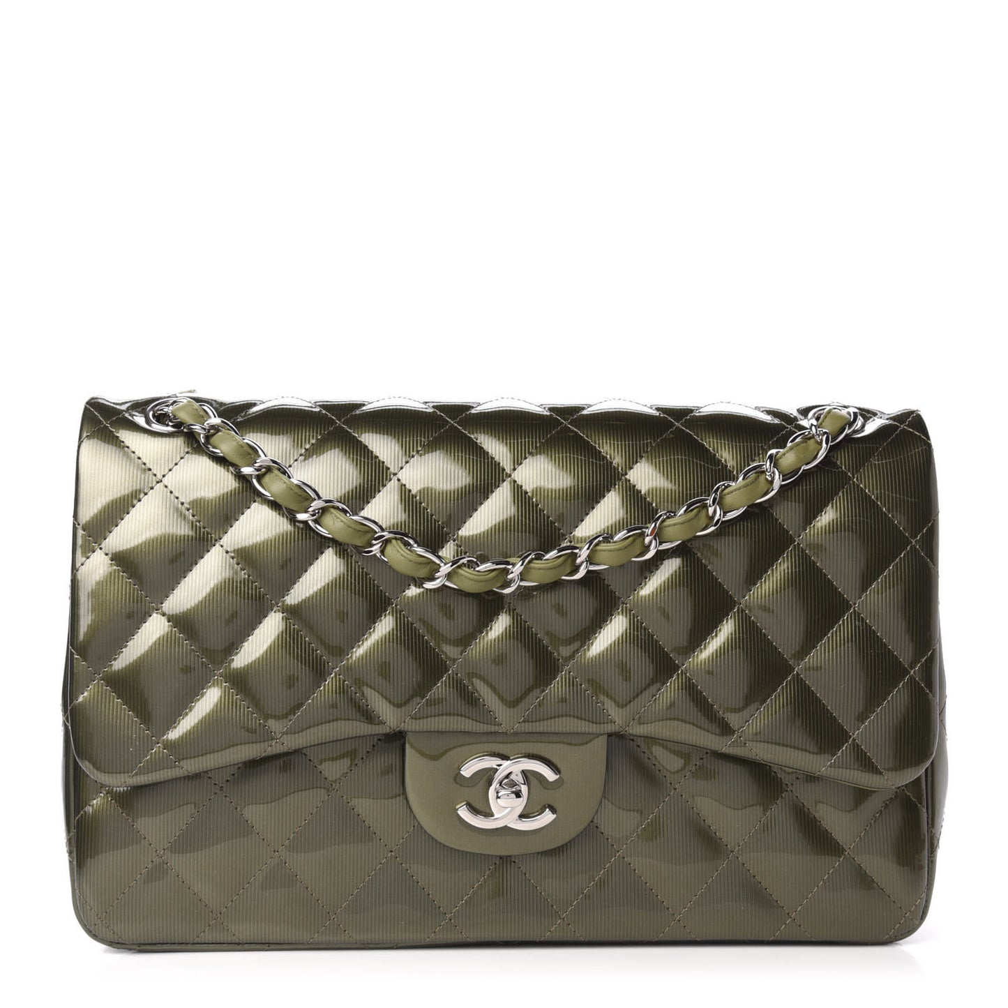 Striated Patent Quilted Jumbo Double Flap Green