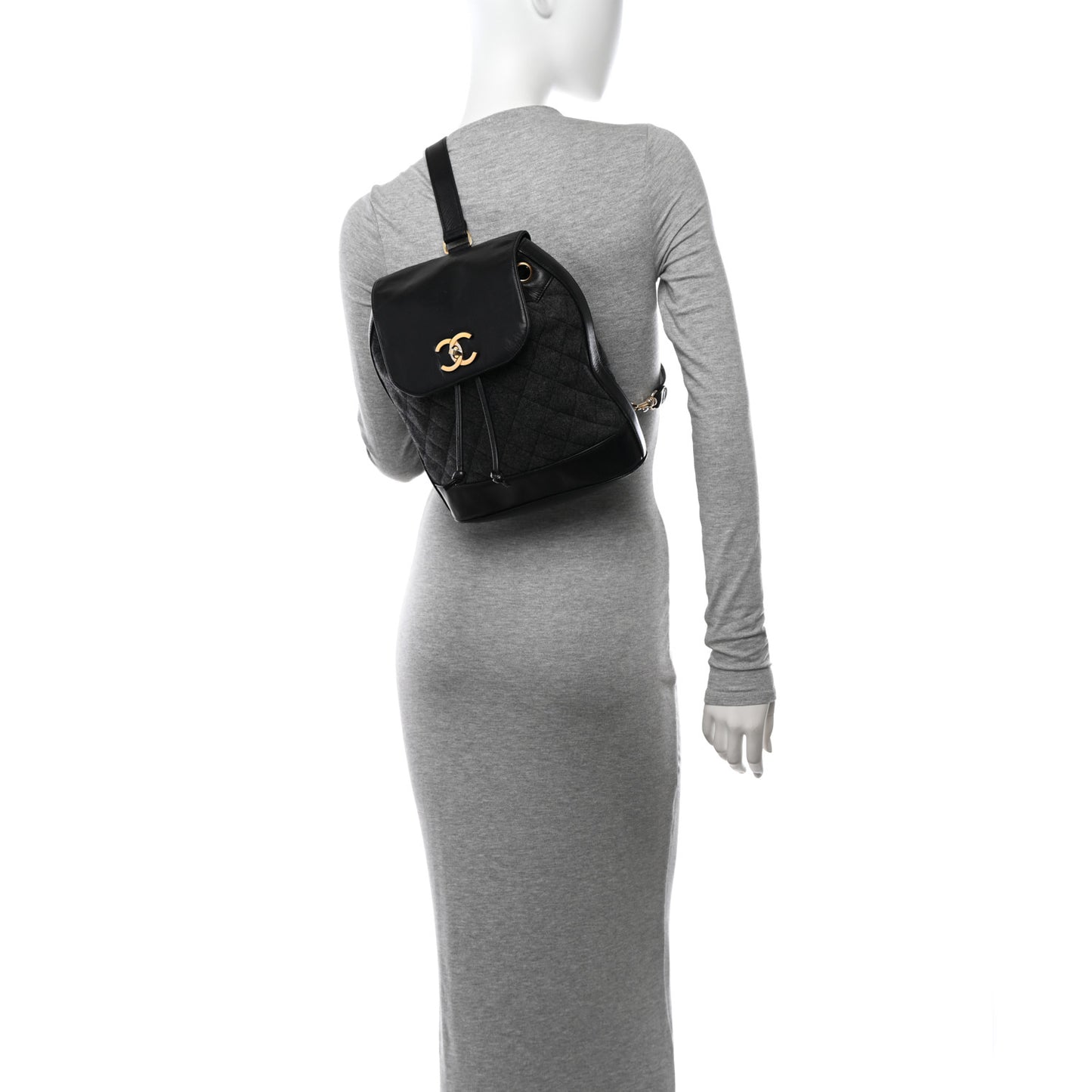 Lambskin Wool Quilted Drawstring Sling Backpack Black Grey