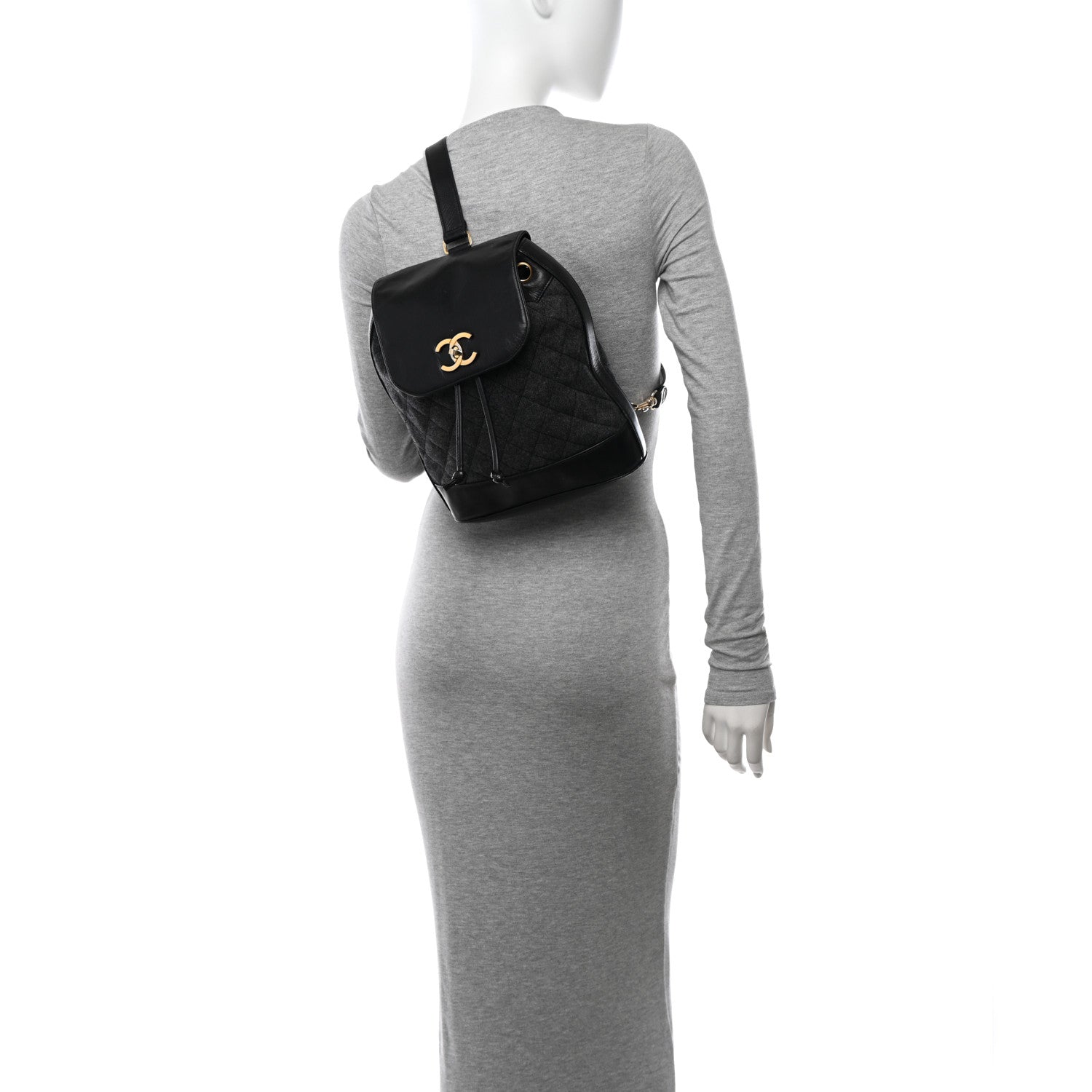 Chanel Lambskin Wool Quilted Drawstring Sling Backpack Black Grey 2 of 14