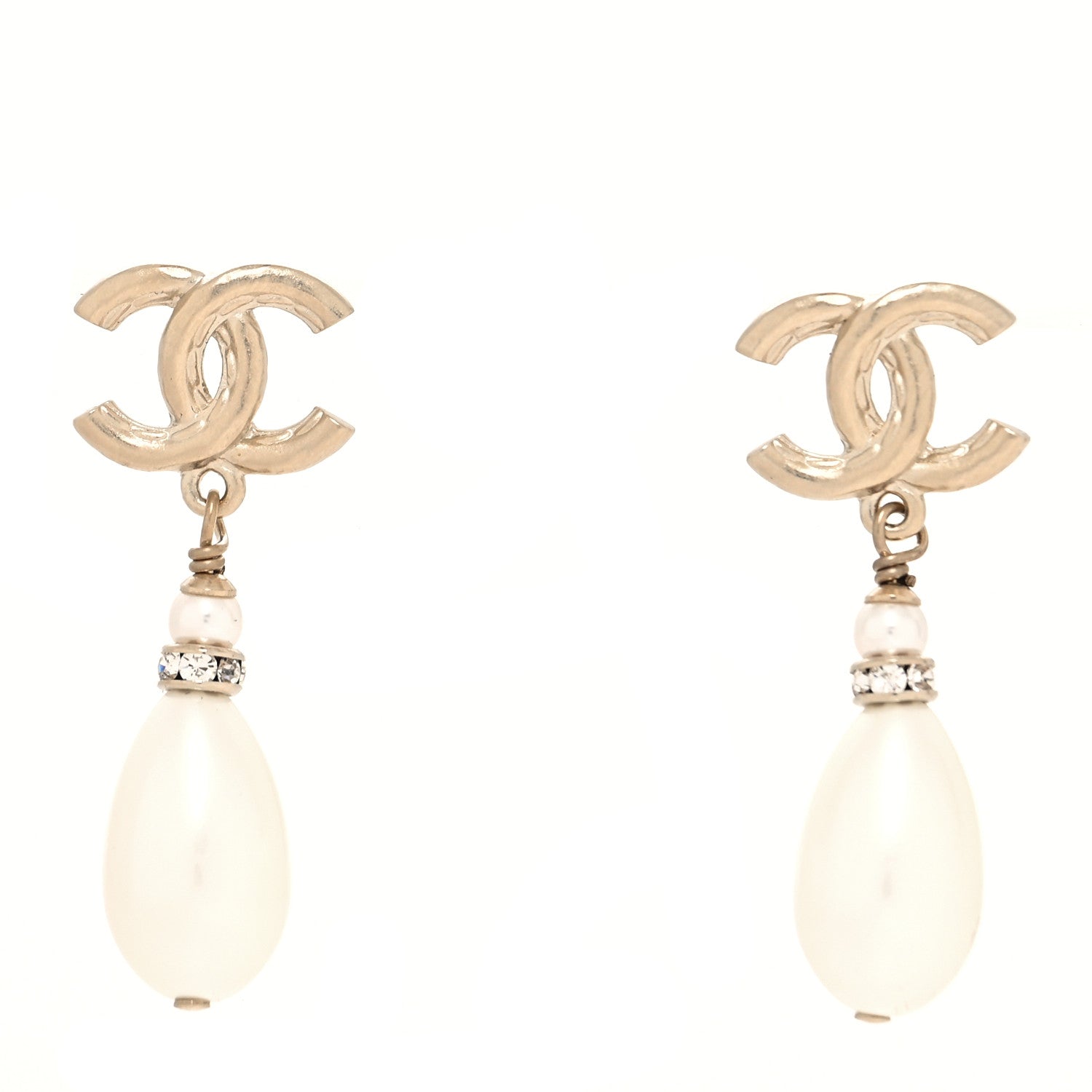 Chanel Pearl Crystal CC Drop Earrings Gold 1 of 4