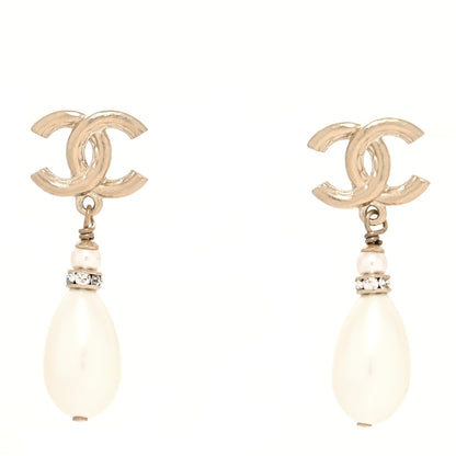 Chanel Pearl Crystal CC Drop Earrings Gold 1 of 4