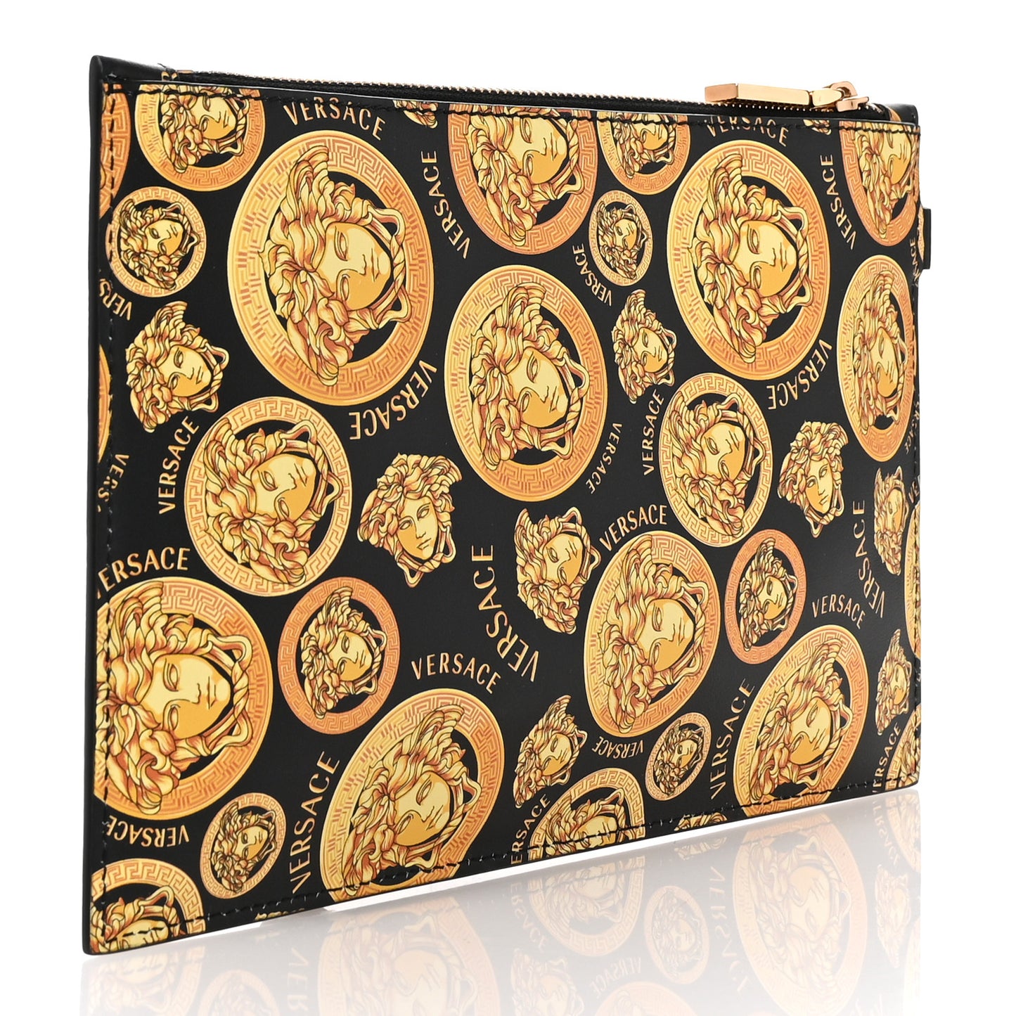 Calfskin La Medusa Print Wristlet Pouch Black Gold