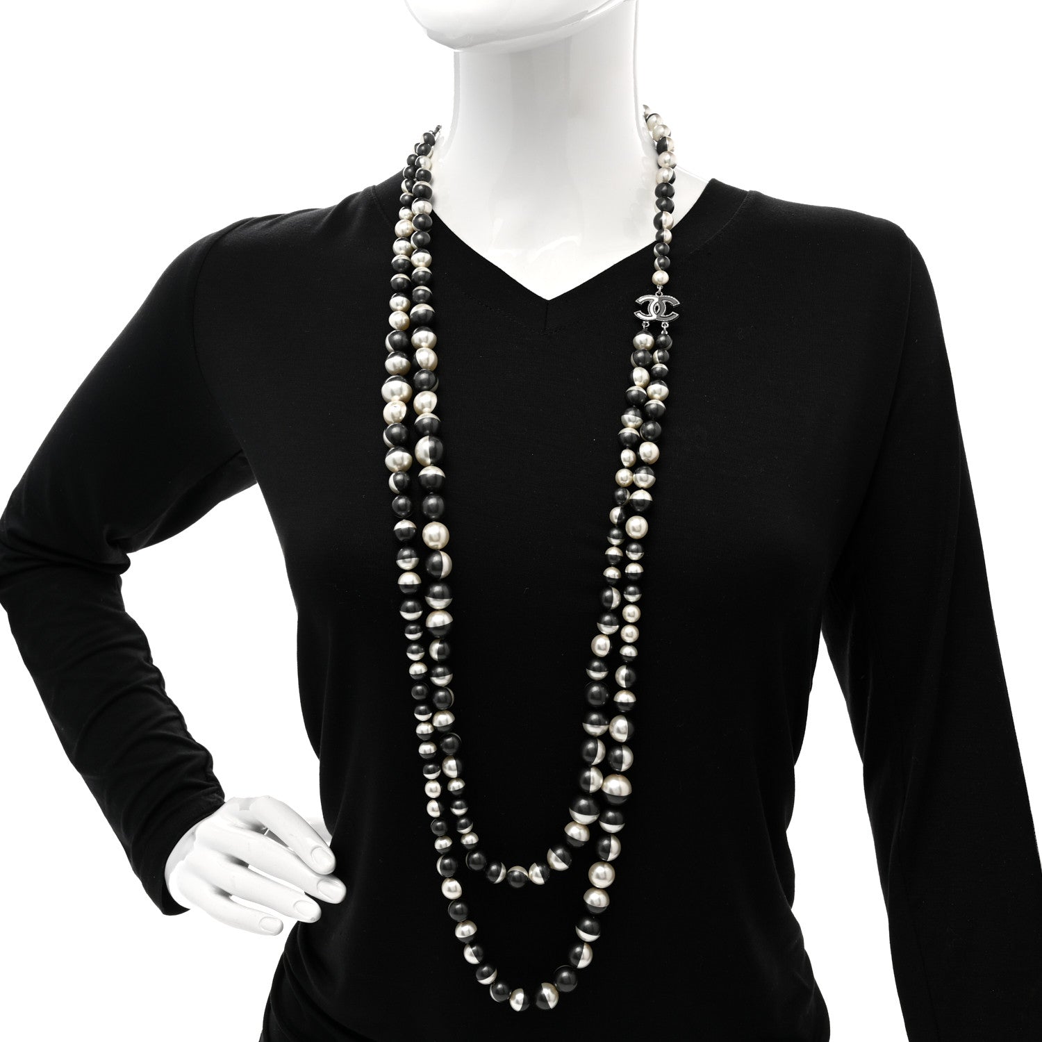 Chanel Pearl CC Long Necklace Ivory Black 2 of 9