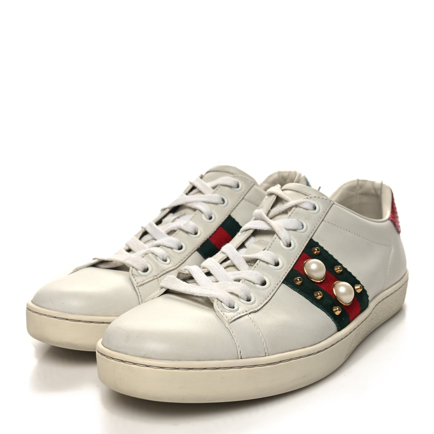 Calfskin Web Pearl Studded Womens Ace Sneakers 37.5 White