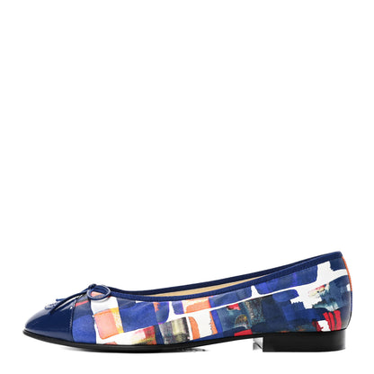 Chanel Lambskin Printed Patent Calfskin Cap Toe Ballerina Flats 38.5 Blue Multicolor 1 of 4