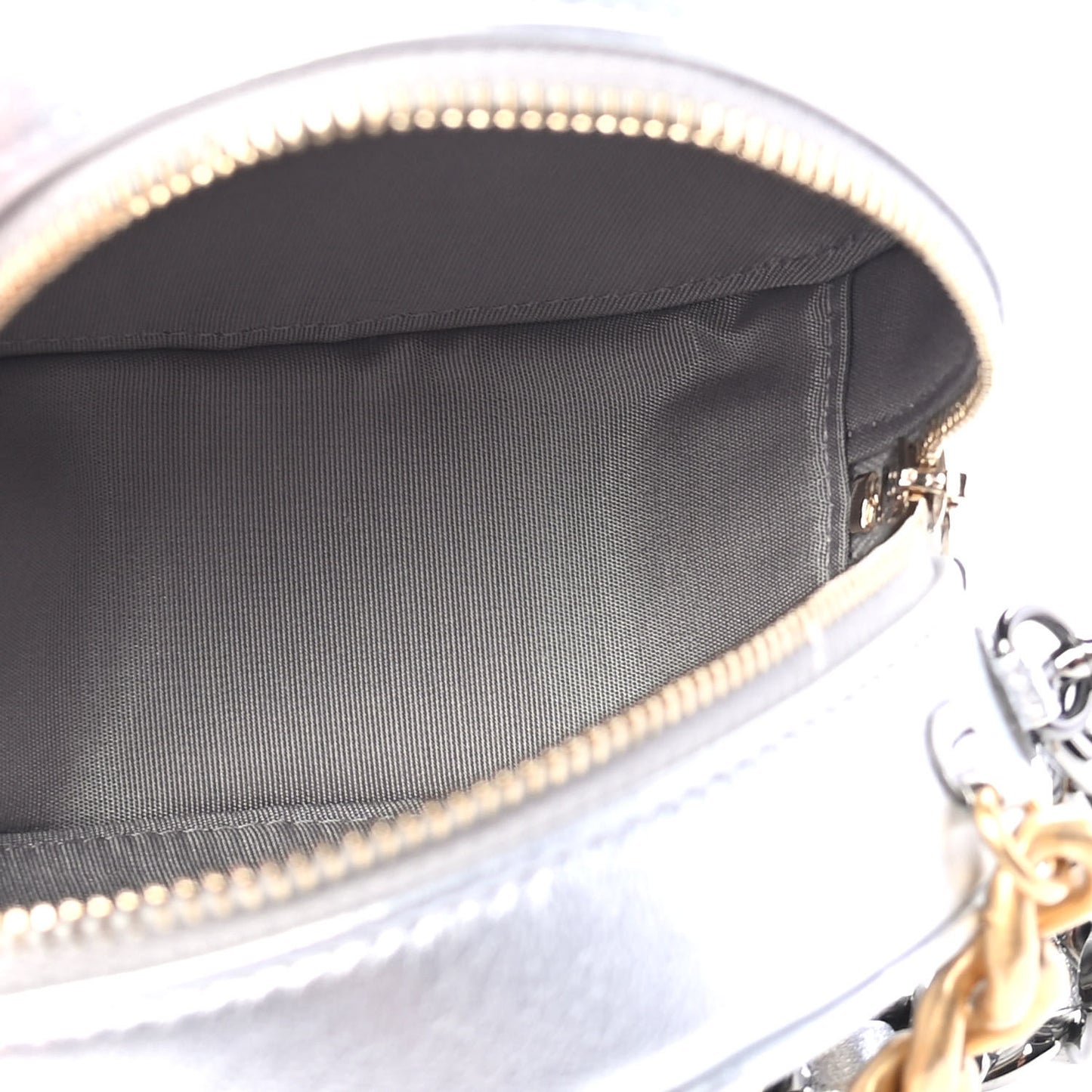 Metallic Lambskin Quilted Chanel 19 Round Clutch With Chain Silver