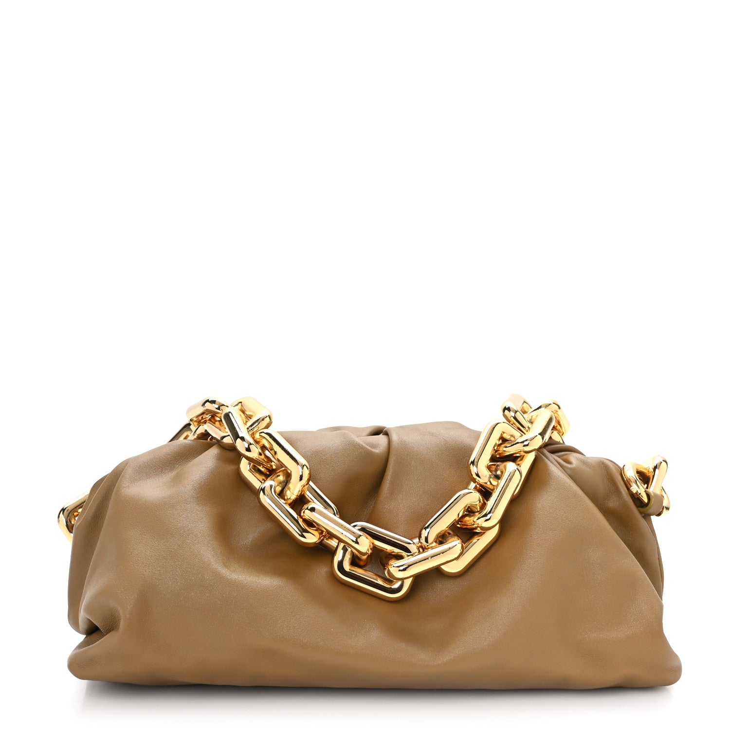 front view image of a BOTTEGA VENETA Calfskin The Pouch Chain in the color Cammello by FASHIONPHILE