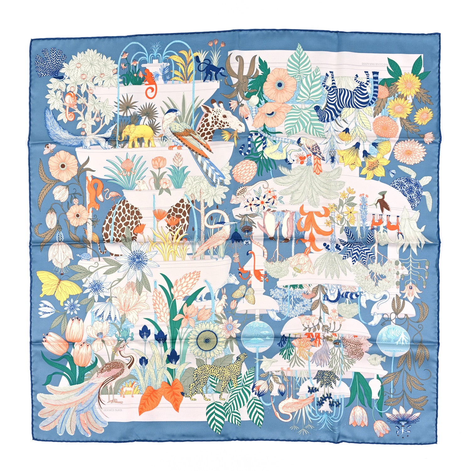 Hermes Silk Precious Paradis Scarf 90 Bleu Jean Vert Orange