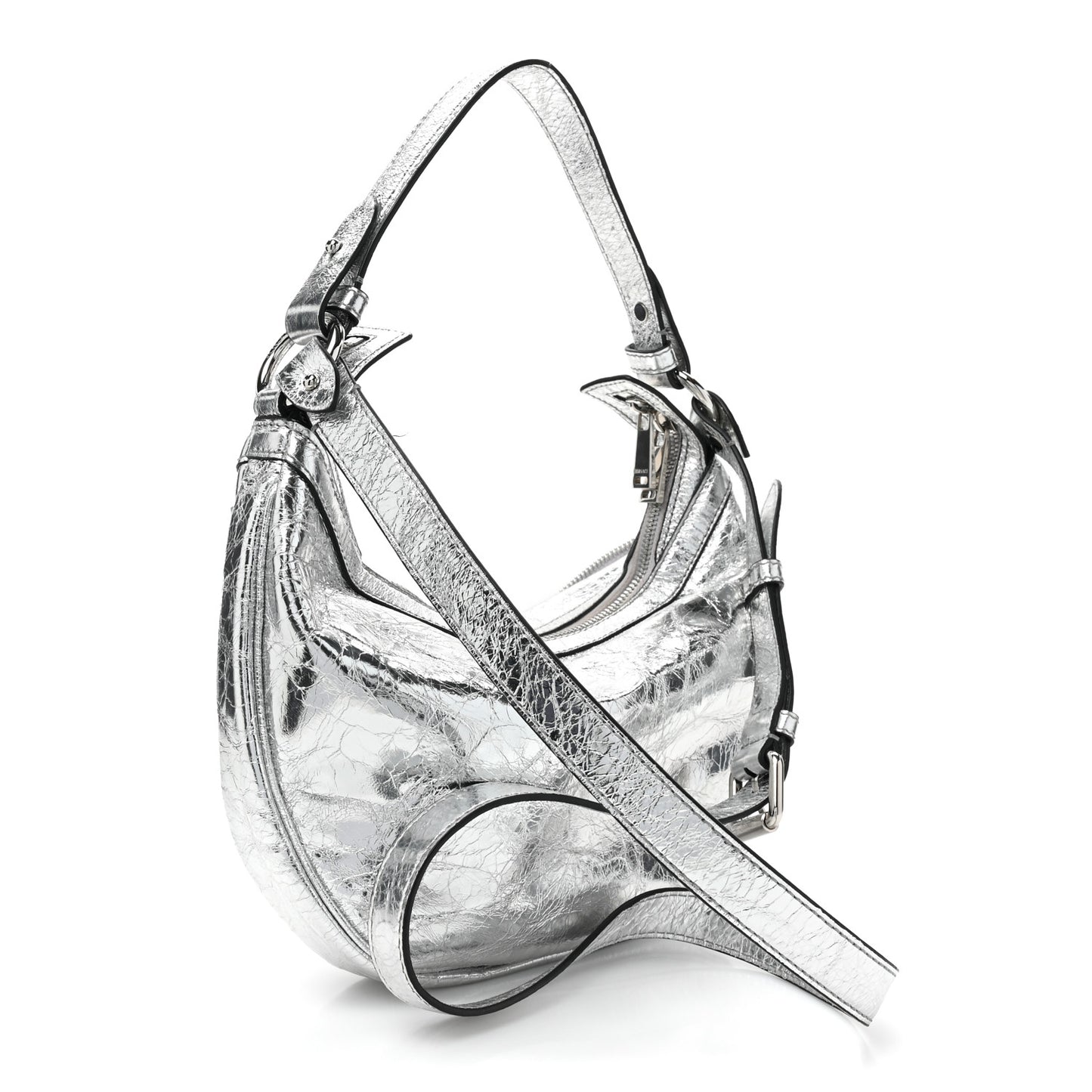 Metallic Calfskin Small Repeat Zip Hobo Silver