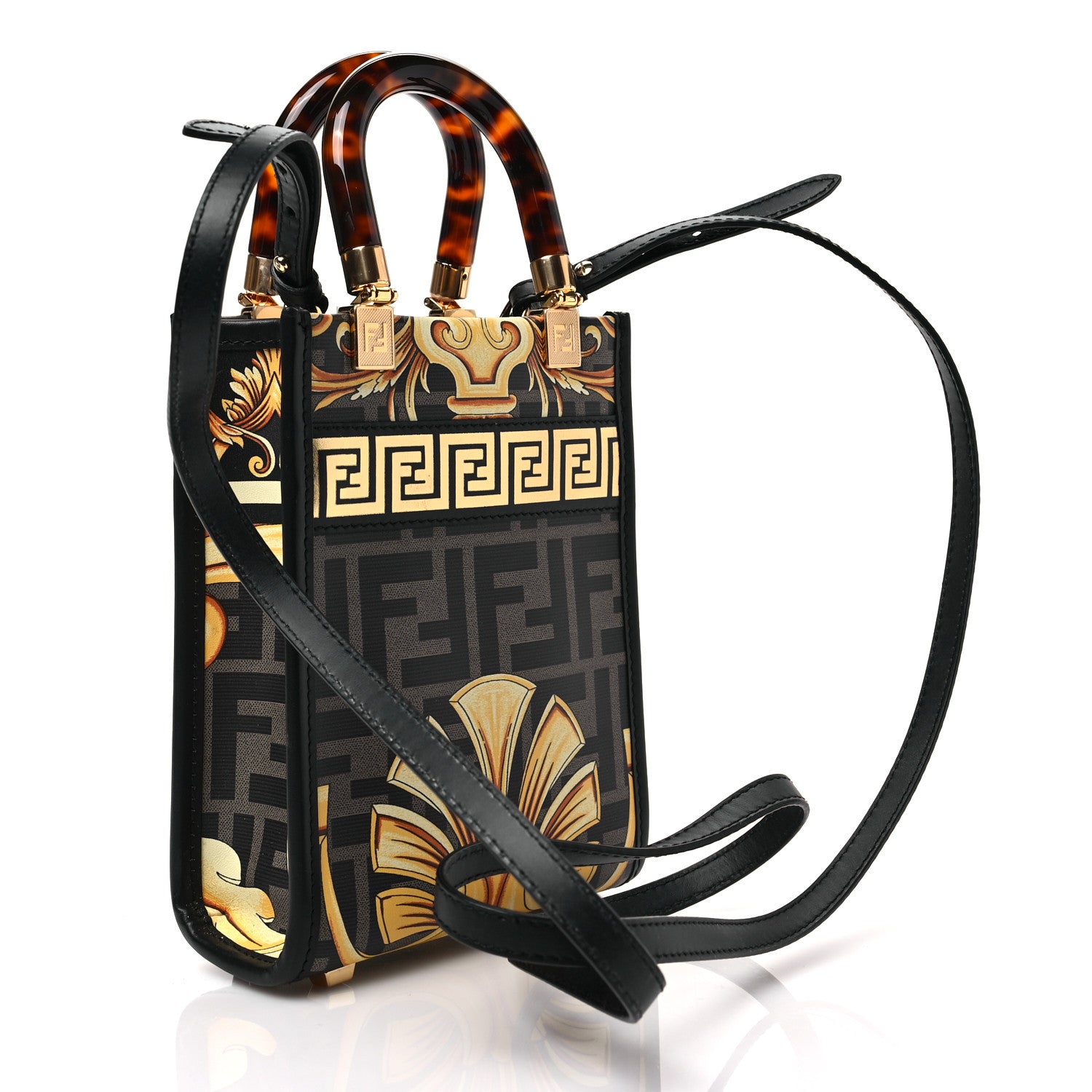 Fendi X VERSACE Vitello King Catalan Mirror Plexiglass Fendace FF Baroque Logo Mini Fendi Sunshine Shopper Tote Black Gold 3 of 7