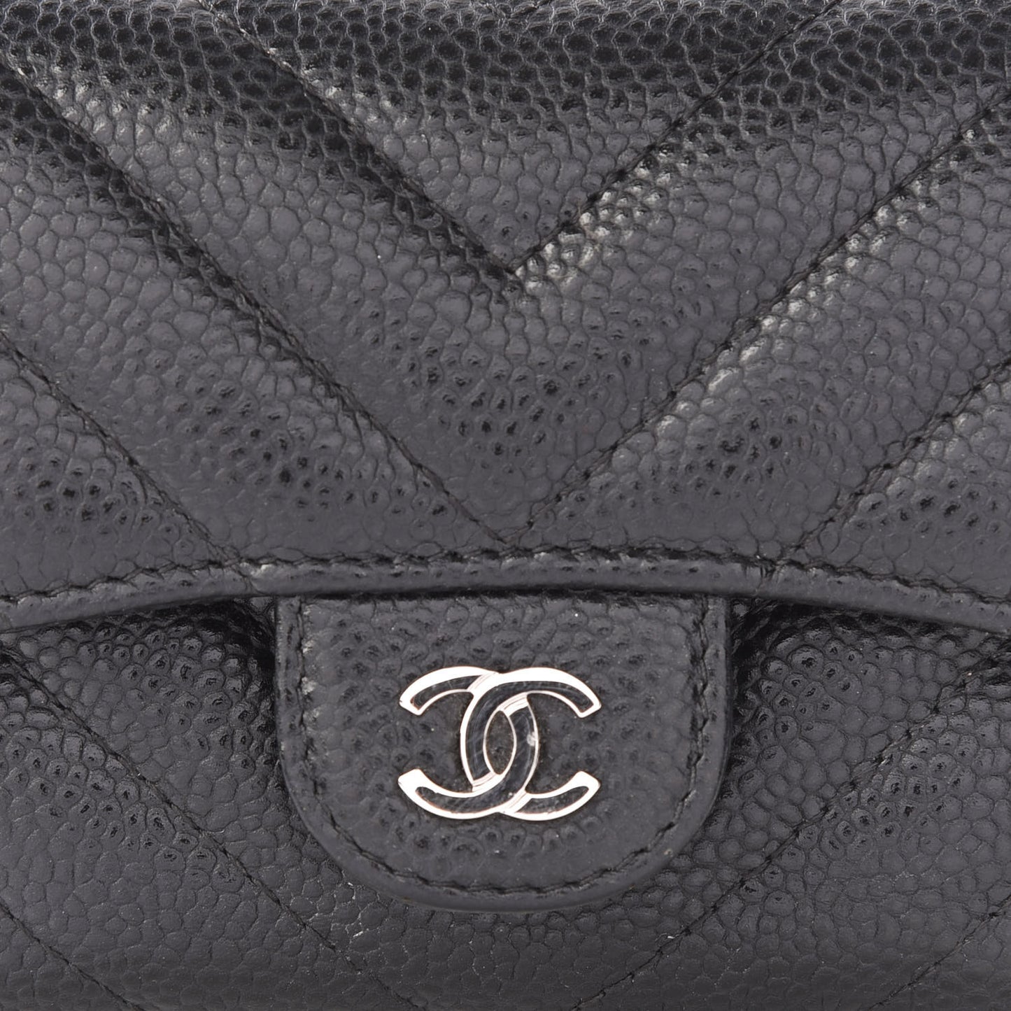 Caviar Chevron Quilted Compact Flap Wallet Black