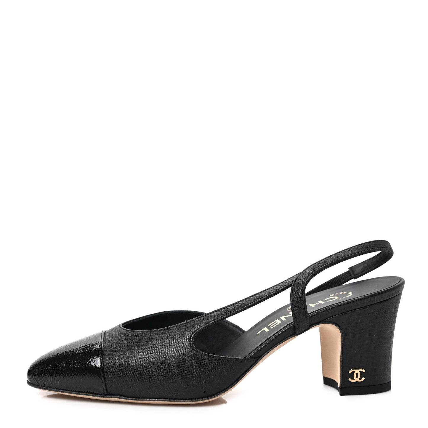 Textured Calfskin Glazed Goatskin Cap Toe CC Slingback Pumps 36.5 Black