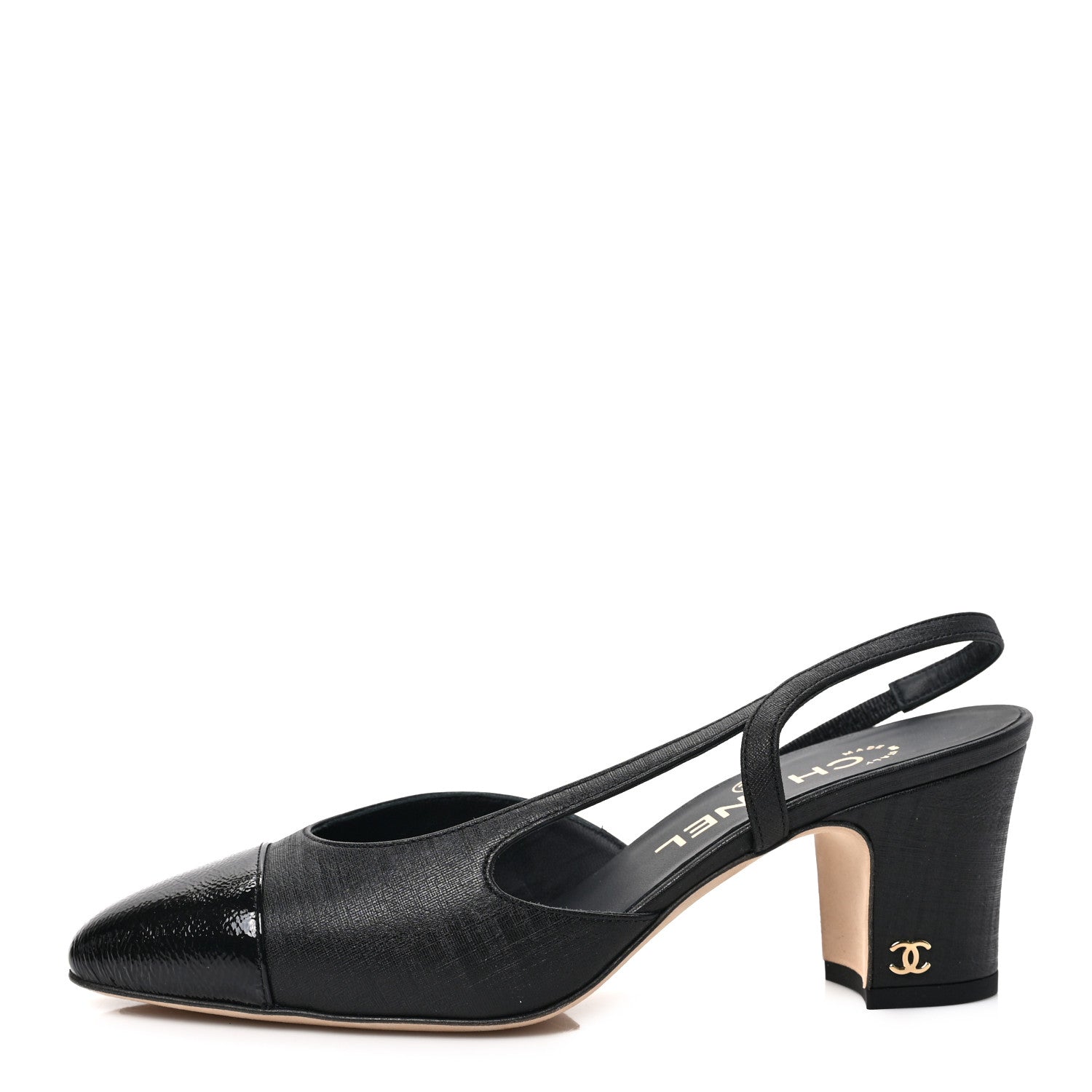 Chanel Textured Calfskin Glazed Goatskin Cap Toe CC Slingback Pumps 36.5 Black 1 of 8