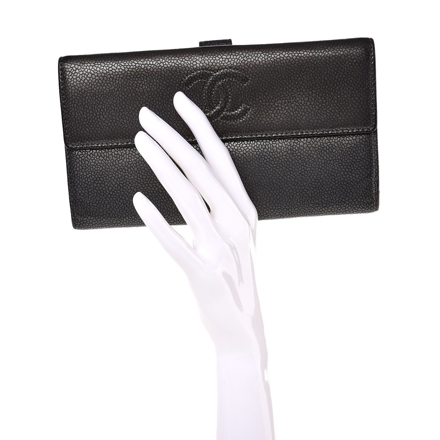 Metallic Caviar Timeless CC Large Gusset Flap Wallet Dark Silver