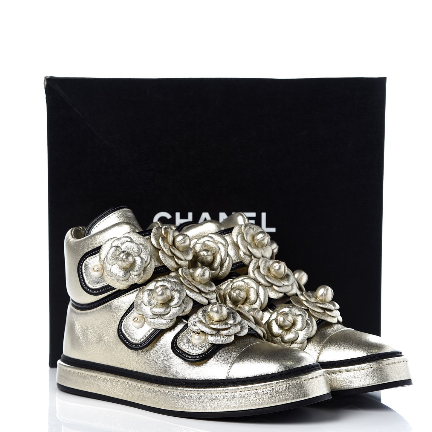 Metallic Lambskin Camellia High Top Sneakers 39 Gold