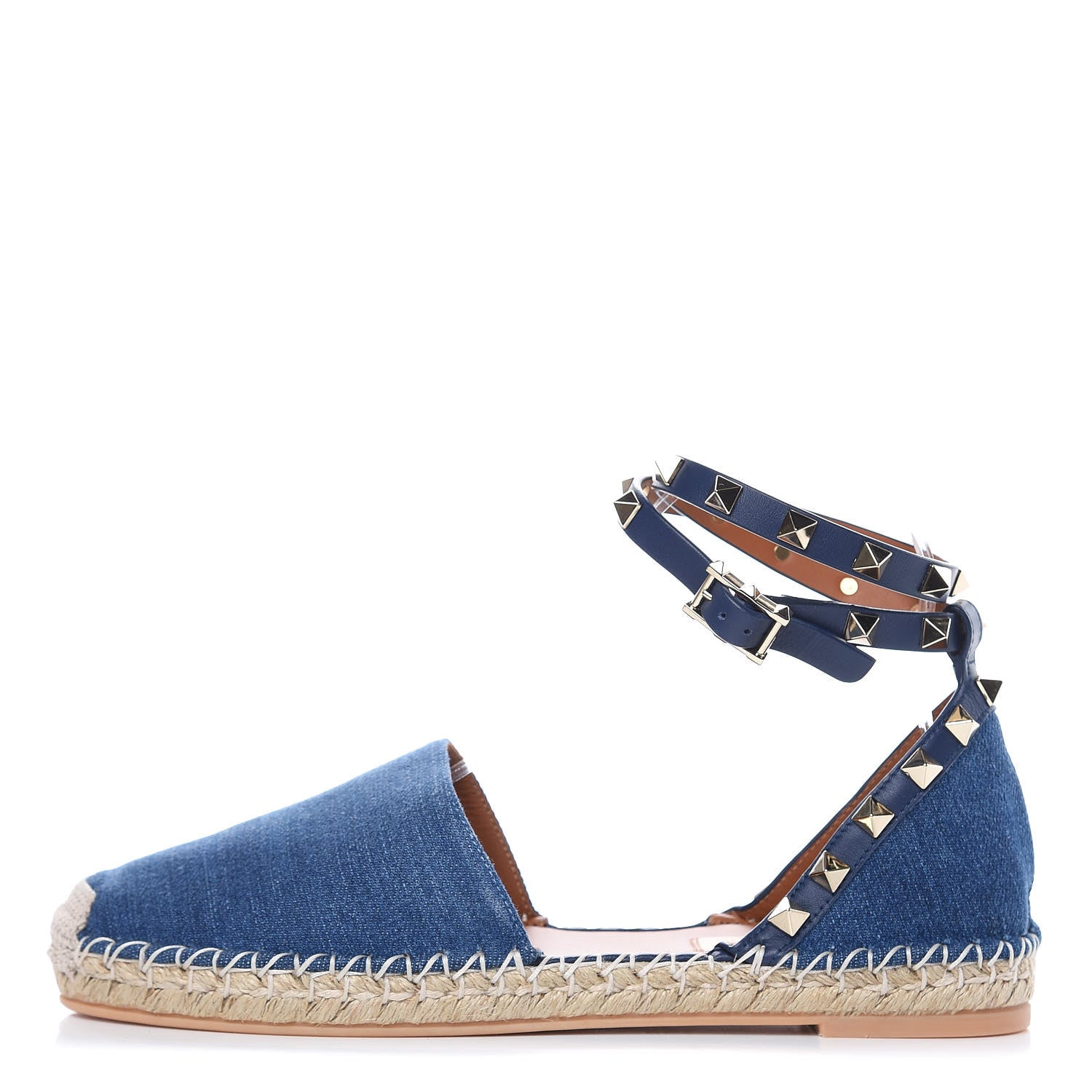 Valentino Garavani Denim Rockstud Ankle Wrap Espadrille 20mm Flats 37 Light Denim 1 of 9