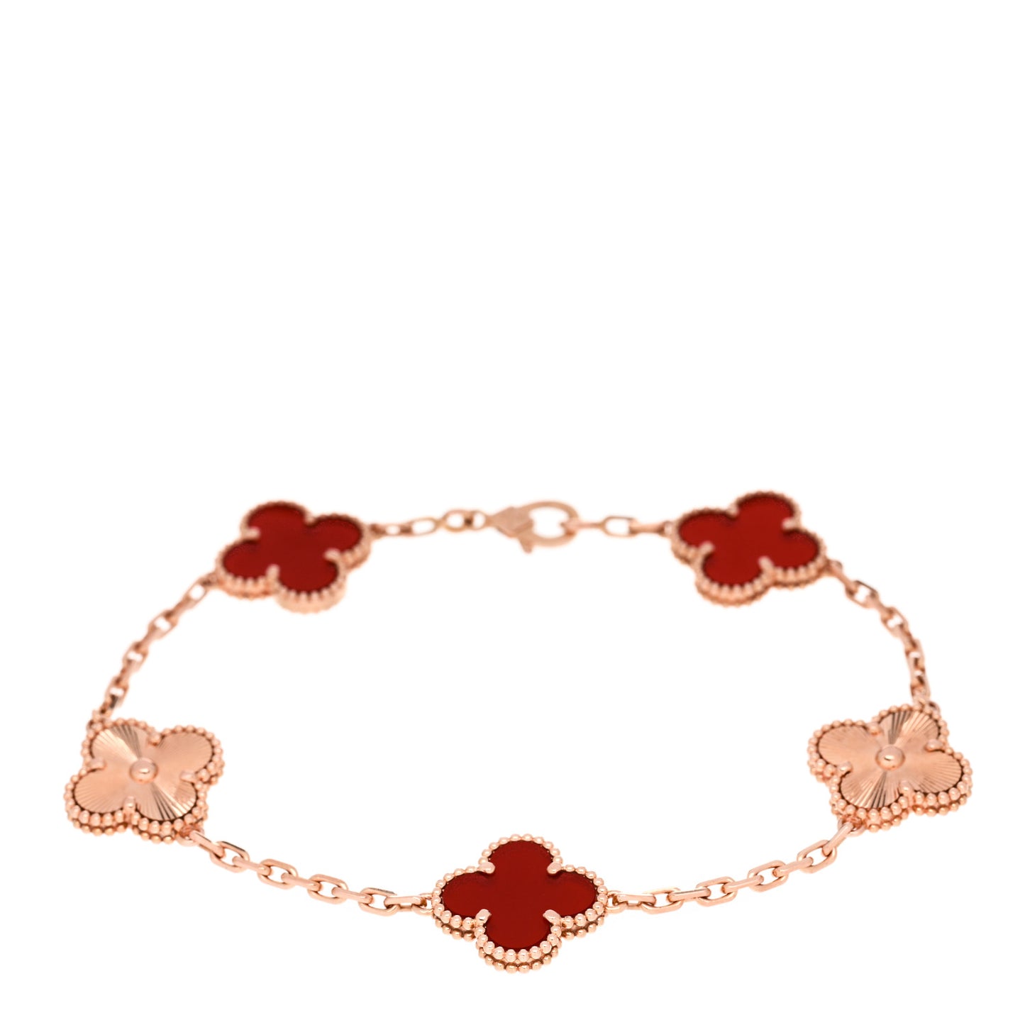 18K Rose Gold Carnelian 5 Motifs Guilloche Vintage Alhambra Bracelet