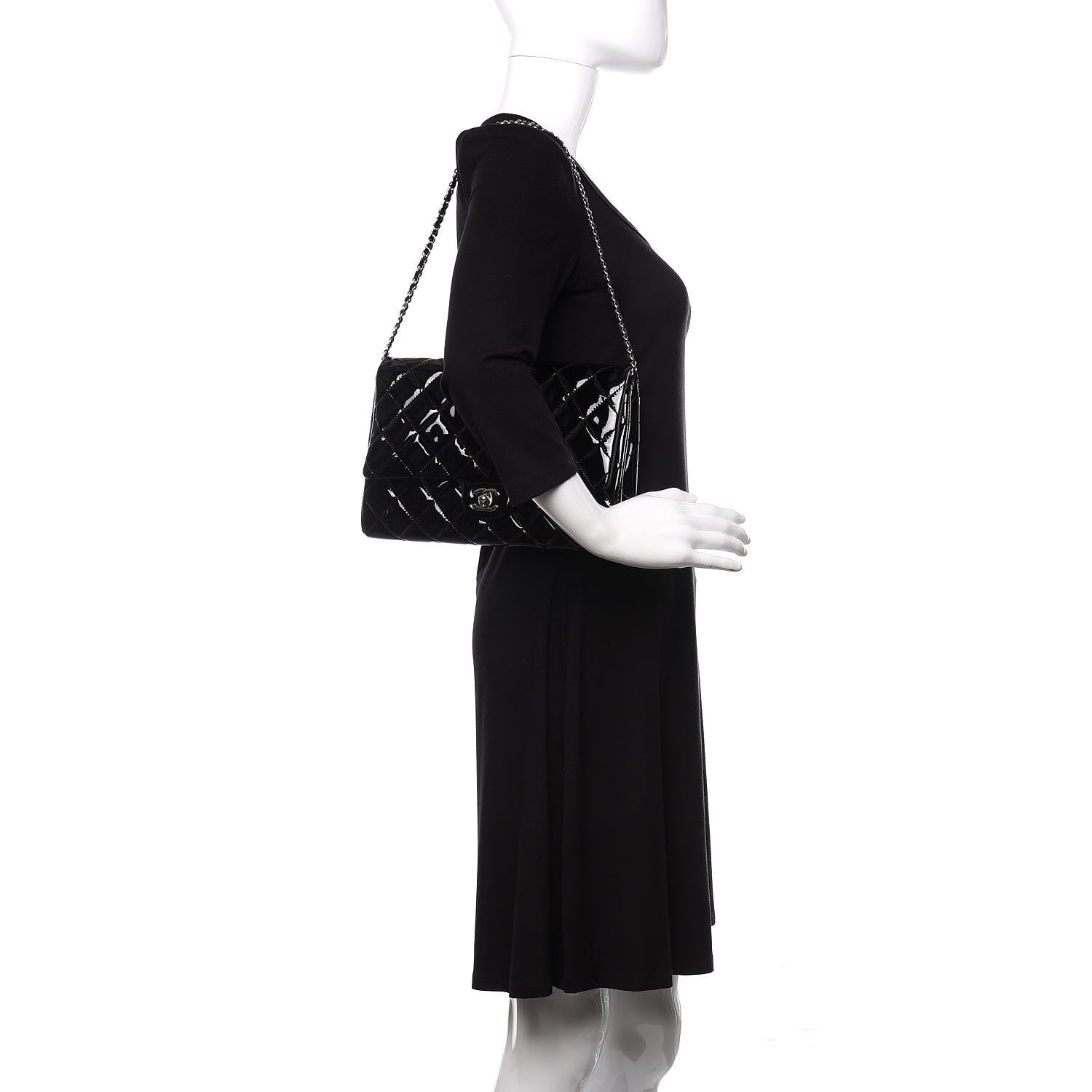 Chanel Striated Patent Quilted Clutch With Chain Flap Black 1 of 11