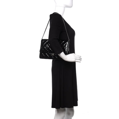 Chanel Striated Patent Quilted Clutch With Chain Flap Black 1 of 11