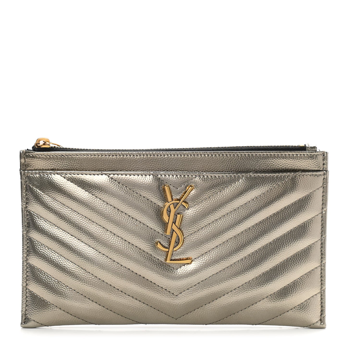 Metallic Grain De Poudre Matelasse Chevron Monogram Bill Pouch Piombo
