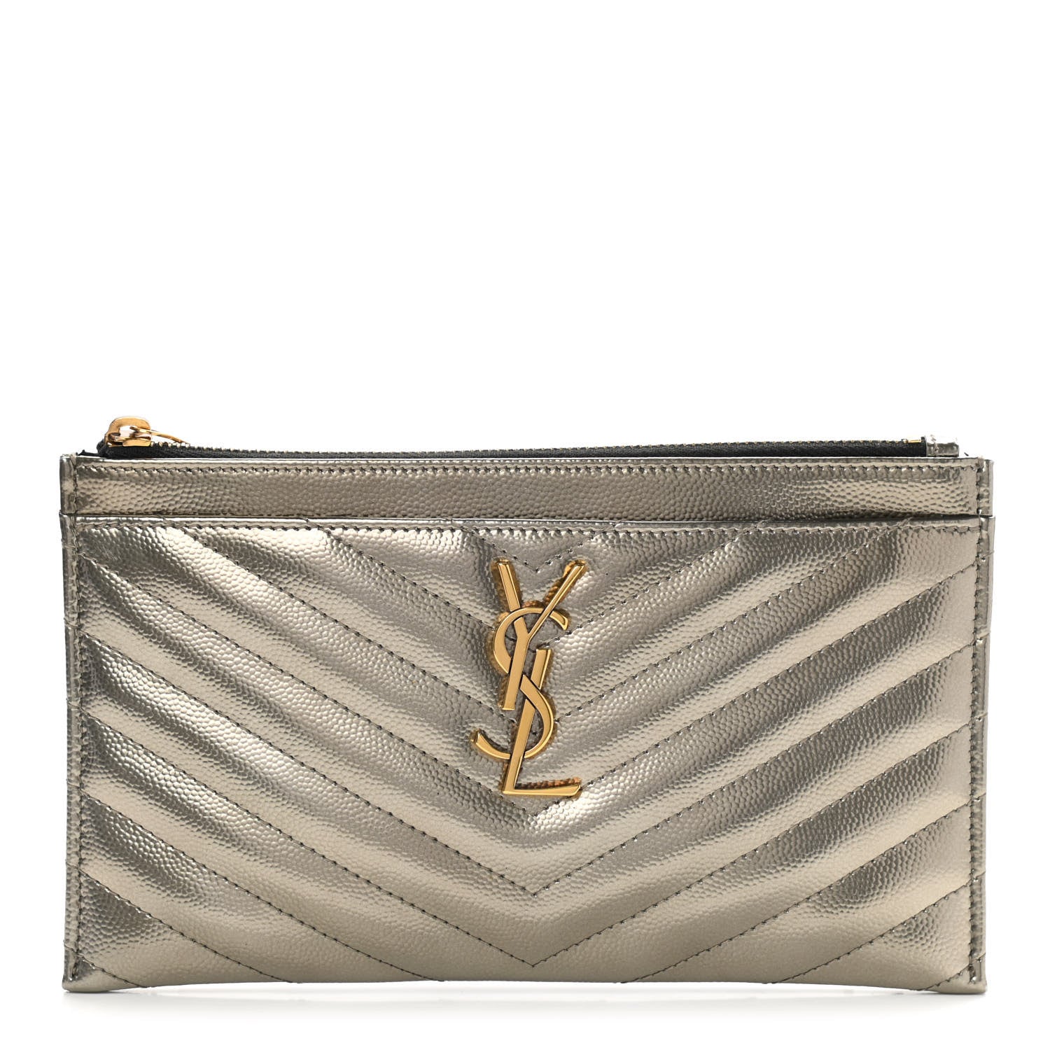 Saint Laurent Metallic Grain De Poudre Matelasse Chevron Monogram Bill Pouch Piombo 1 of 8