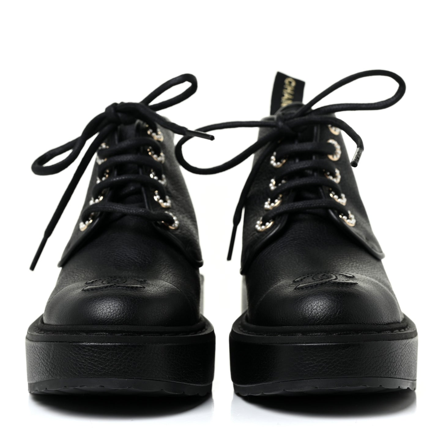 Calfskin Pearl Lace Up Combat Short Boots 35 Black