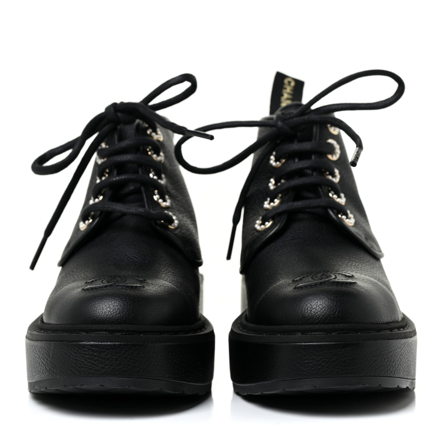 Chanel Calfskin Pearl Lace Up Combat Short Boots 35 Black 2 of 6